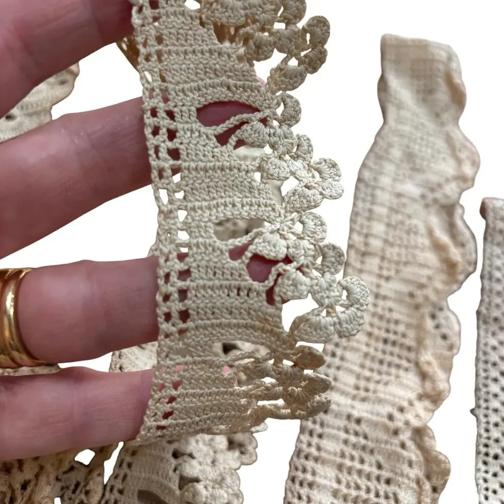 Vintage hand made crochet lace crafting sewing notions lot of 5 pcs ecru cream